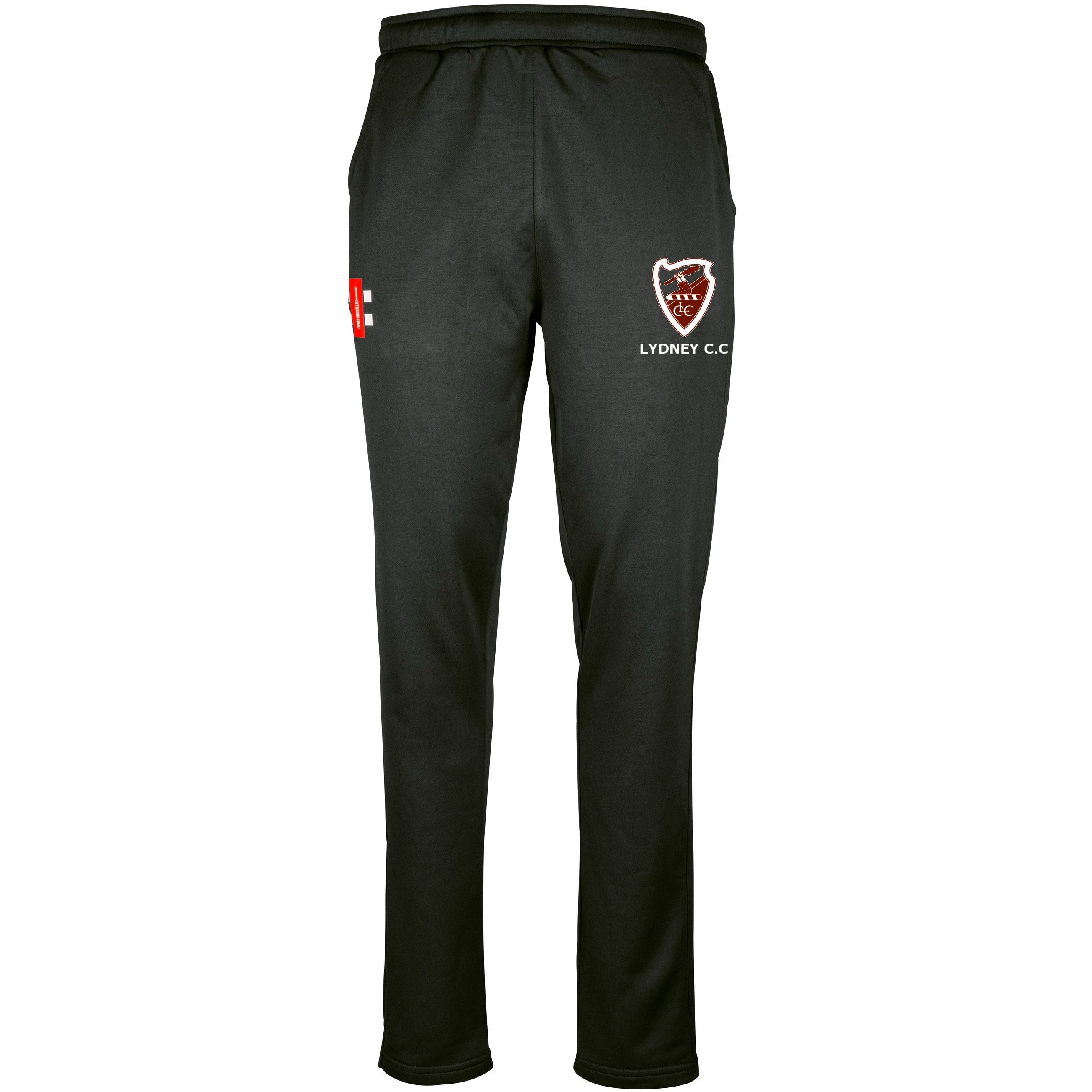 The Gray Nicolls Lydney CC Pro Performance Training Trousers feature an elastic waistband, tailored fit, LYDNEY C.C. and red/white shield logo on the right thigh, plus a small left logo—designed for comfort and moisture management.