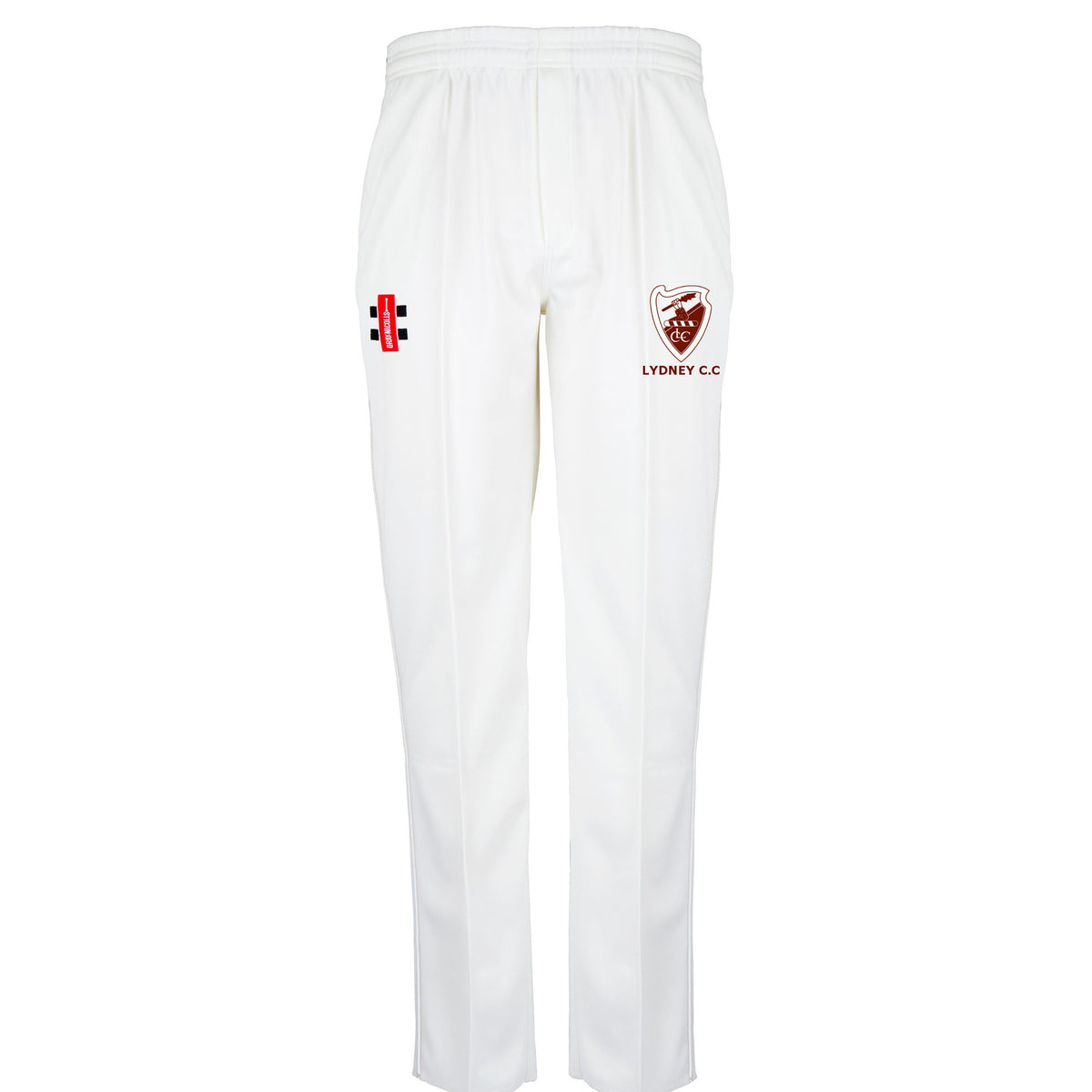 Gray Nicolls Lydney CC Matrix V2 cricket trousers feature a straight-leg cut, elastic waistband, red and black embroidered logo on the left thigh, and SYDNEY C.C. shield on the right—ideal for club cricketers.