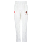 Gray Nicolls Lydney CC Matrix V2 cricket trousers feature a straight-leg cut, elastic waistband, red and black embroidered logo on the left thigh, and SYDNEY C.C. shield on the right—ideal for club cricketers.
