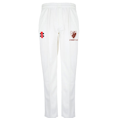 Gray Nicolls Lydney CC Matrix V2 cricket trousers feature a straight-leg cut, elastic waistband, red and black embroidered logo on the left thigh, and SYDNEY C.C. shield on the right—ideal for club cricketers.
