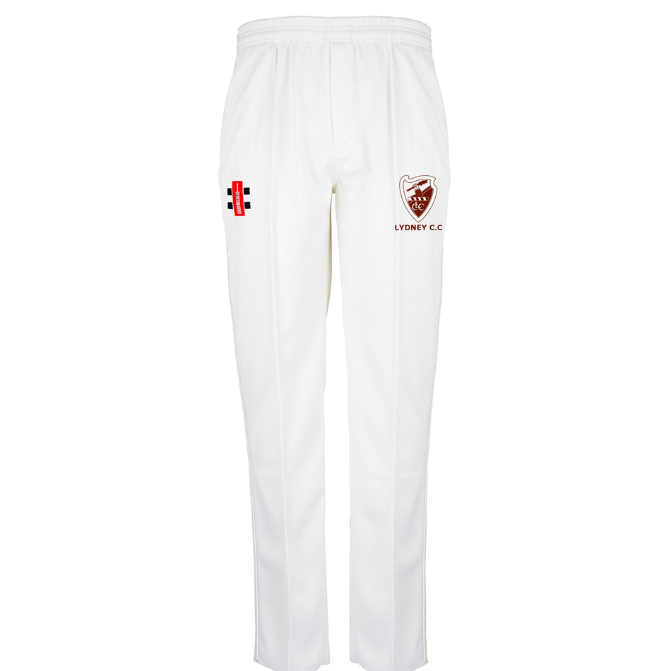 Gray Nicolls Lydney CC Matrix V2 cricket trousers feature a straight-leg cut, elastic waistband, red and black embroidered logo on the left thigh, and SYDNEY C.C. shield on the right—ideal for club cricketers.