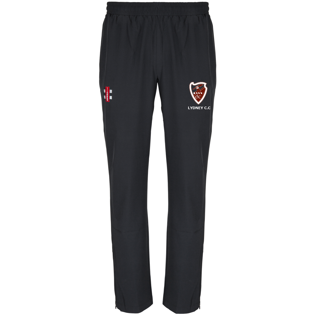 The Gray Nicolls Lydney CC Velocity Track Trouser is a black athletic fit cricket trouser with an elastic waistband, red and white emblem on the left thigh, and a LYDNEY C.C. shield badge on the right, shown on a white background.