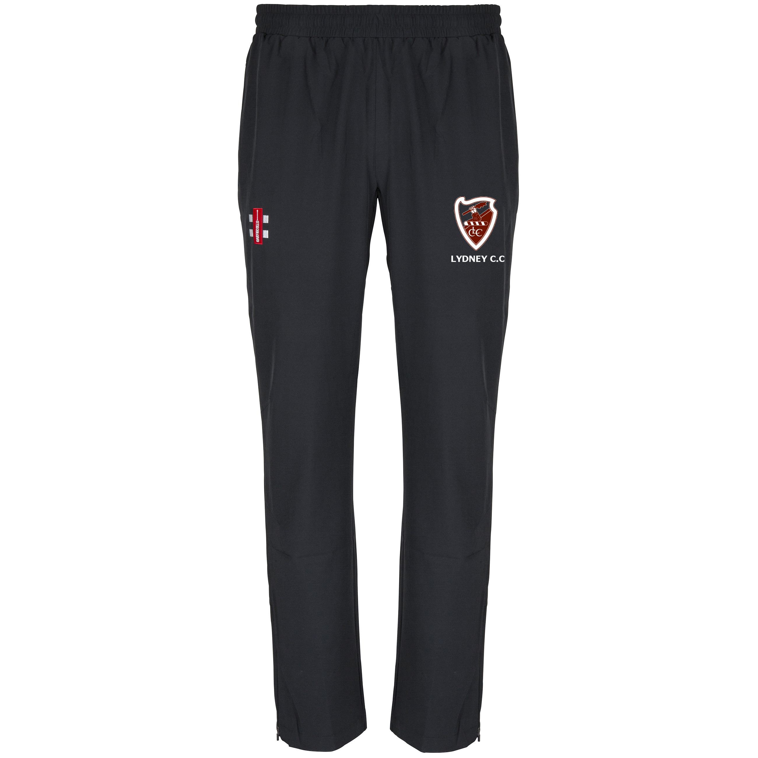 The Gray Nicolls Lydney CC Velocity Track Trouser is a black athletic fit cricket trouser with an elastic waistband, red and white emblem on the left thigh, and a LYDNEY C.C. shield badge on the right, shown on a white background.
