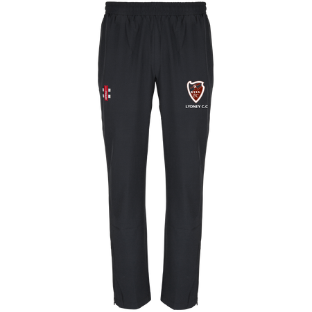 The Gray Nicolls Lydney CC Velocity Track Trouser is a black athletic fit cricket trouser with an elastic waistband, red and white emblem on the left thigh, and a LYDNEY C.C. shield badge on the right, shown on a white background.