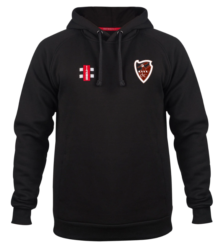 The Gray Nicolls Lydney CC Velocity Hoodie is black, made from sustainable cotton, and features a front pocket plus two embroidered chest logos—one with red and white rectangles, the other a crest with S.A.P and CC.