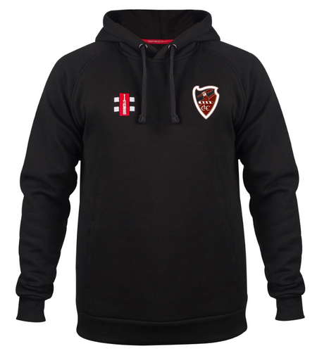 The Gray Nicolls Lydney CC Velocity Hoodie is black, made from sustainable cotton, and features a front pocket plus two embroidered chest logos—one with red and white rectangles, the other a crest with S.A.P and CC.