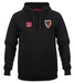 The Gray Nicolls Lydney CC Velocity Hoodie is black, made from sustainable cotton, and features a front pocket plus two embroidered chest logos—one with red and white rectangles, the other a crest with S.A.P and CC.