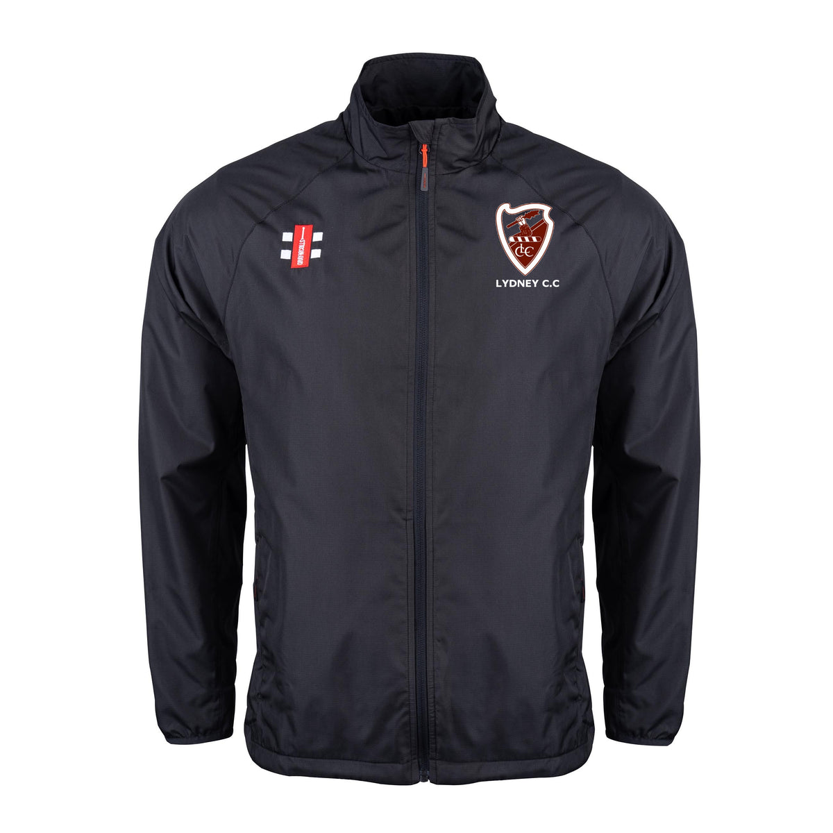 The Gray Nicolls Lydney CC Velocity Rain Jacket is a black, lightweight, water repellent cricket jacket with a stand-up collar, zip front, and two embroidered chest logos: the Lydney C.C. shield and red/black/white vertical emblem.
