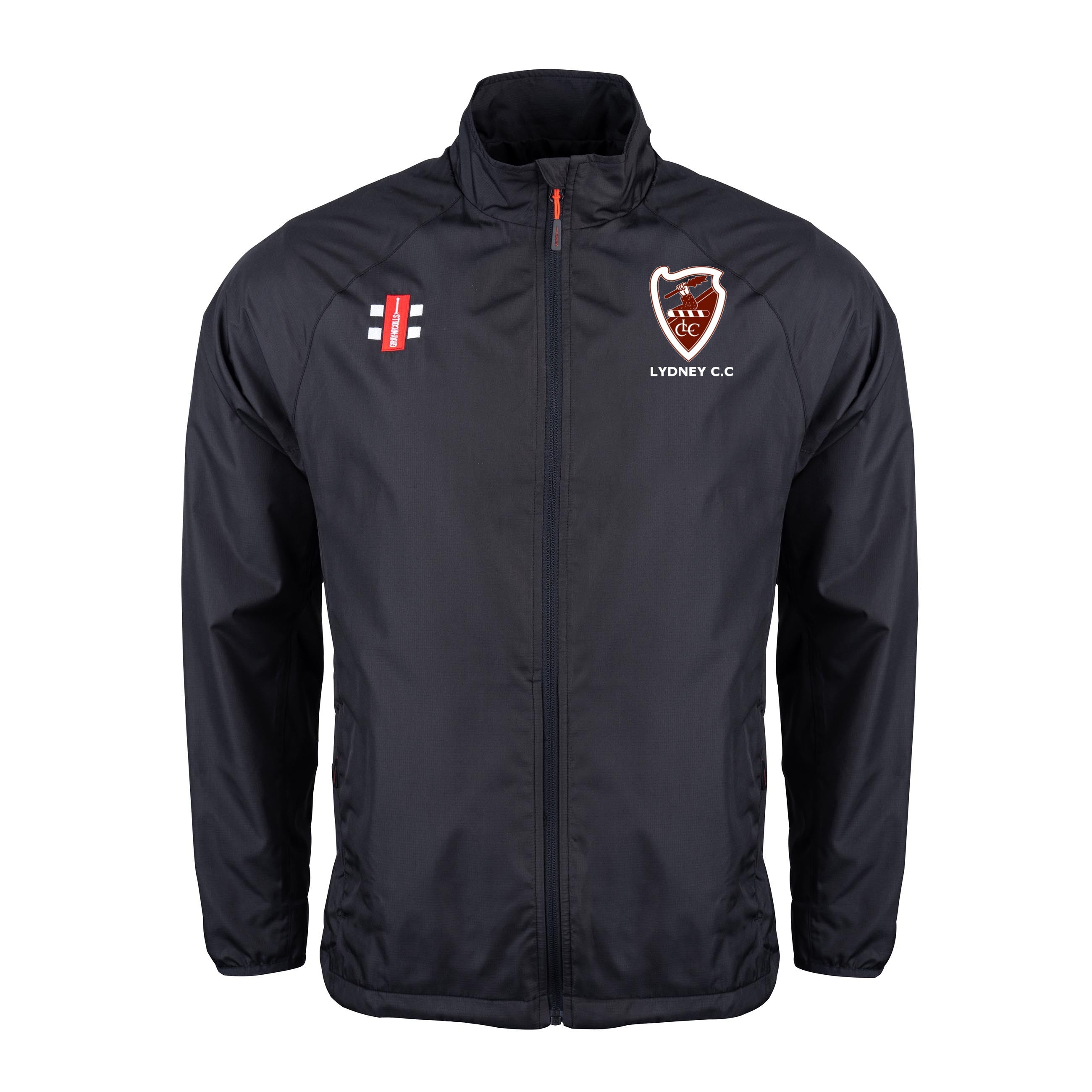 The Gray Nicolls Lydney CC Velocity Rain Jacket is a black, lightweight, water repellent cricket jacket with a stand-up collar, zip front, and two embroidered chest logos: the Lydney C.C. shield and red/black/white vertical emblem.
