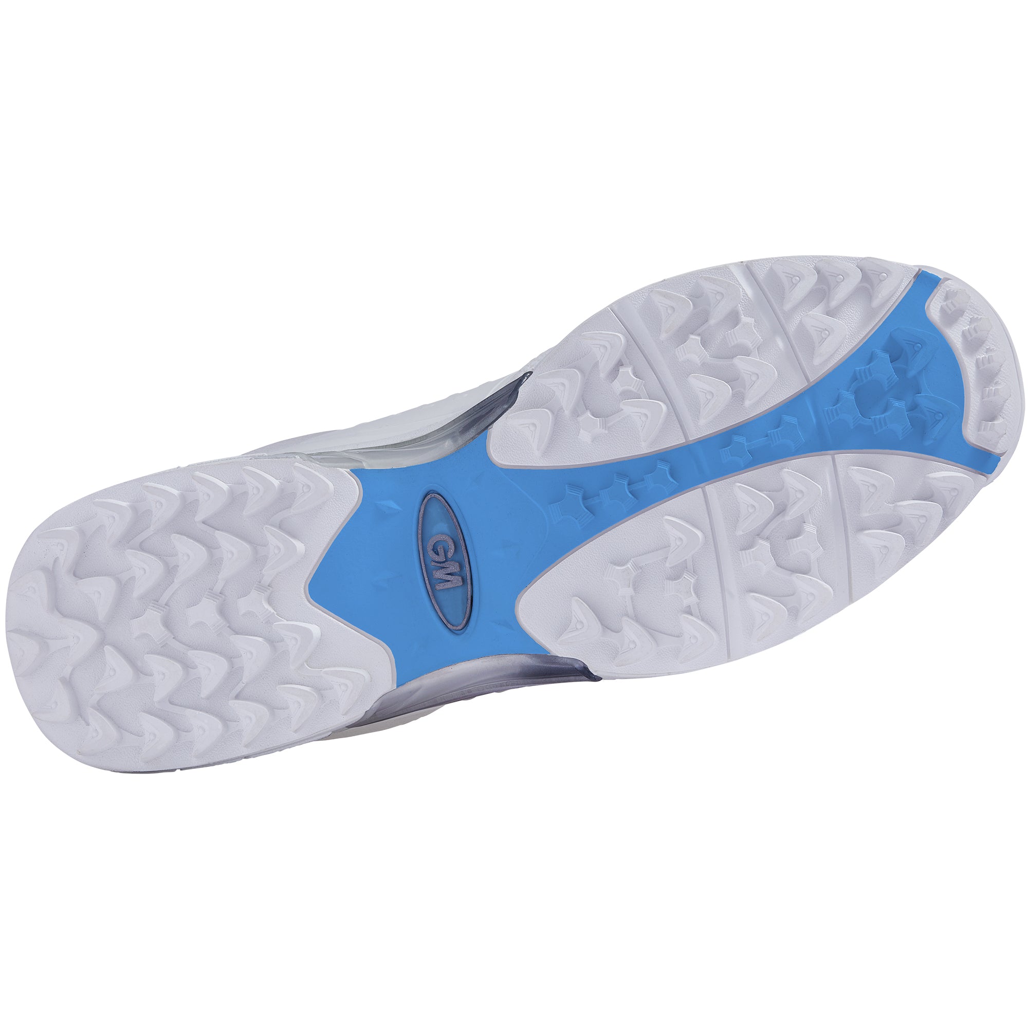The image shows the sole of the Gunn & Moore Maxi Allrounder Cricket Shoe, mainly white with a blue center. It features a star-shaped tread pattern and textured grip areas, plus an oval Gunn & Moore logo in the middle.