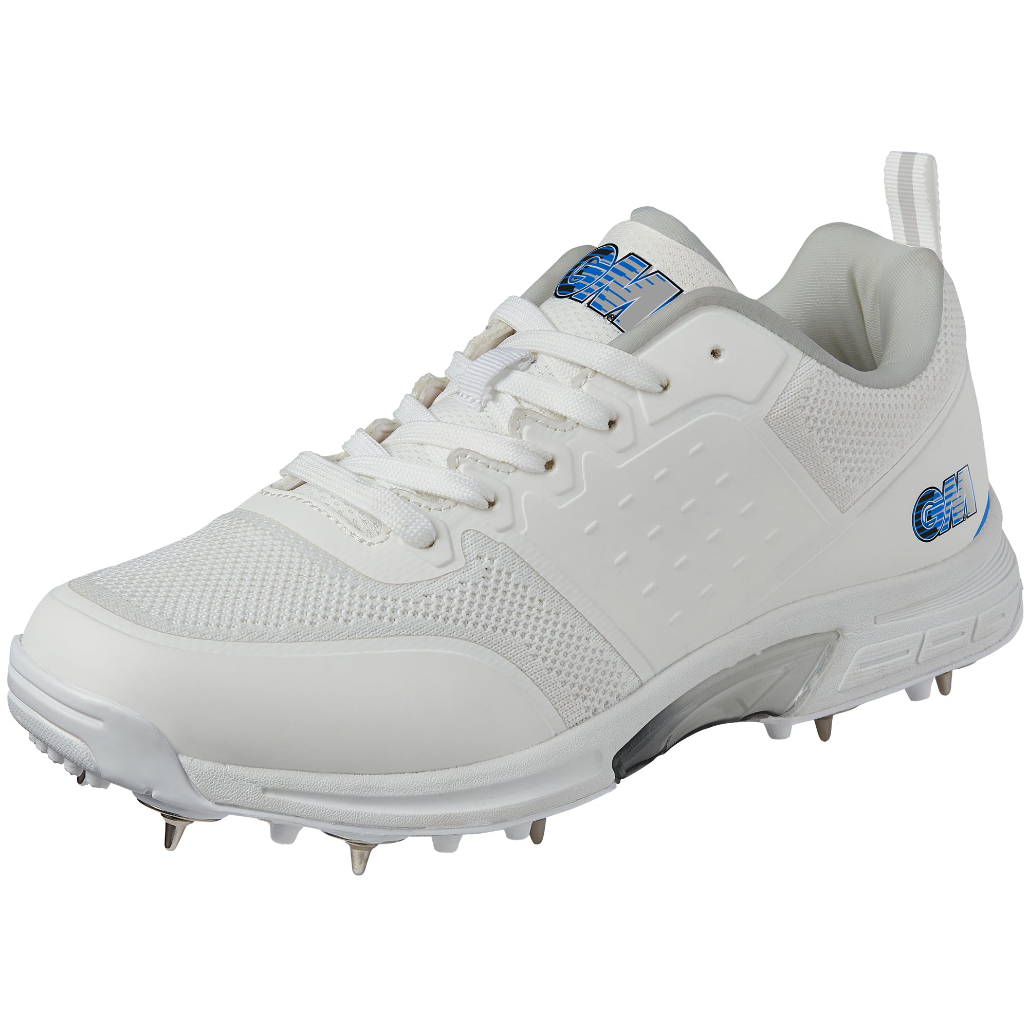 The Gunn & Moore Maxi Cricket Spikes are high-performance white shoes with steel sole spikes, a mesh and synthetic upper, cushioned collar, white laces, and blue Gunn & Moore branding on the tongue and heel.