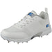 The Gunn & Moore Maxi Cricket Spikes are high-performance white shoes with steel sole spikes, a mesh and synthetic upper, cushioned collar, white laces, and blue Gunn & Moore branding on the tongue and heel.