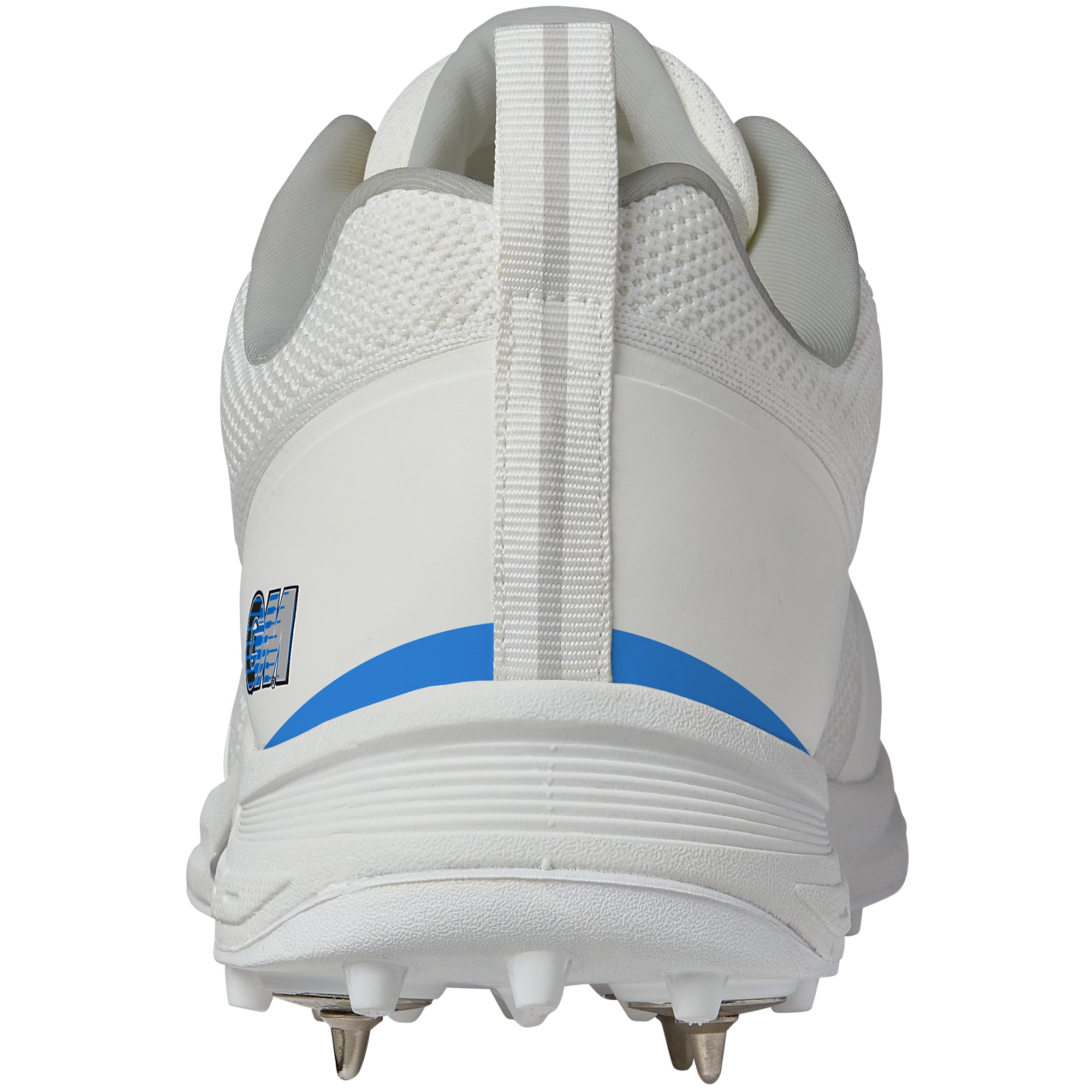 Rear view of Gunn & Moore Maxi Cricket Spikes by Gunn & Moore: high-performance white cricket shoe with blue stripe, mesh upper, pull tab, and steel spikes on the sole, photographed against a plain white background.