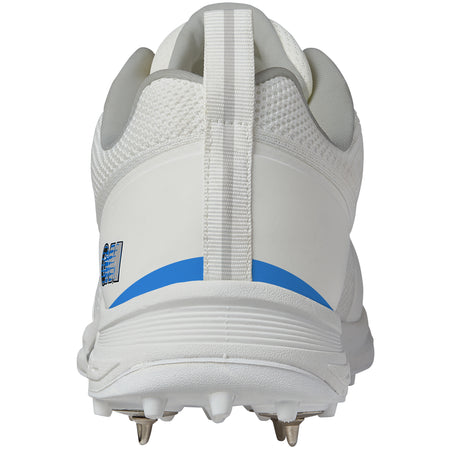 Rear view of Gunn & Moore Maxi Cricket Spikes by Gunn & Moore: high-performance white cricket shoe with blue stripe, mesh upper, pull tab, and steel spikes on the sole, photographed against a plain white background.