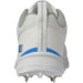 Rear view of Gunn & Moore Maxi Cricket Spikes by Gunn & Moore: high-performance white cricket shoe with blue stripe, mesh upper, pull tab, and steel spikes on the sole, photographed against a plain white background.