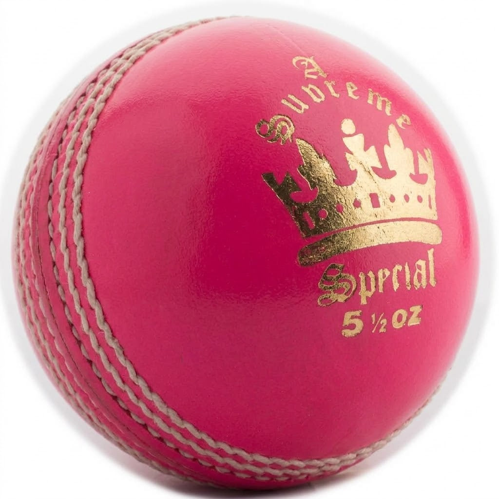 MBS Supreme Special Cricket Ball - Pink with raised white stitching and gold lettering that reads Supreme Special above a crown logo and 5 1/2 oz.
