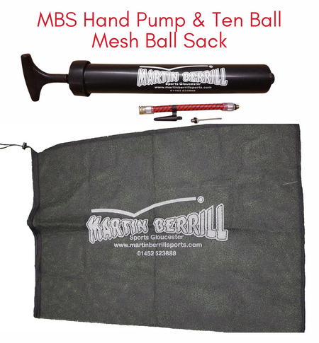 A Martin Berrill Sports Mesh Ball Sack & MBS Hand Ball Pump with a needle inflator are shown on a white background. The mesh sack features the brand logo and contact info, with red text: “MBS Hand Pump & Ten Ball Mesh Ball Sack.”.