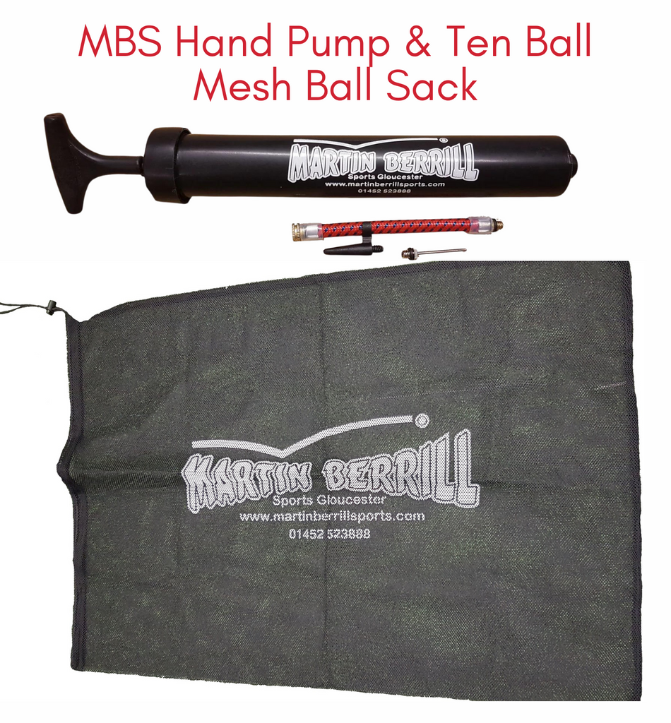 A Martin Berrill Sports Mesh Ball Sack & MBS Hand Ball Pump with a needle inflator are shown on a white background. The mesh sack features the brand logo and contact info, with red text: “MBS Hand Pump & Ten Ball Mesh Ball Sack.”.