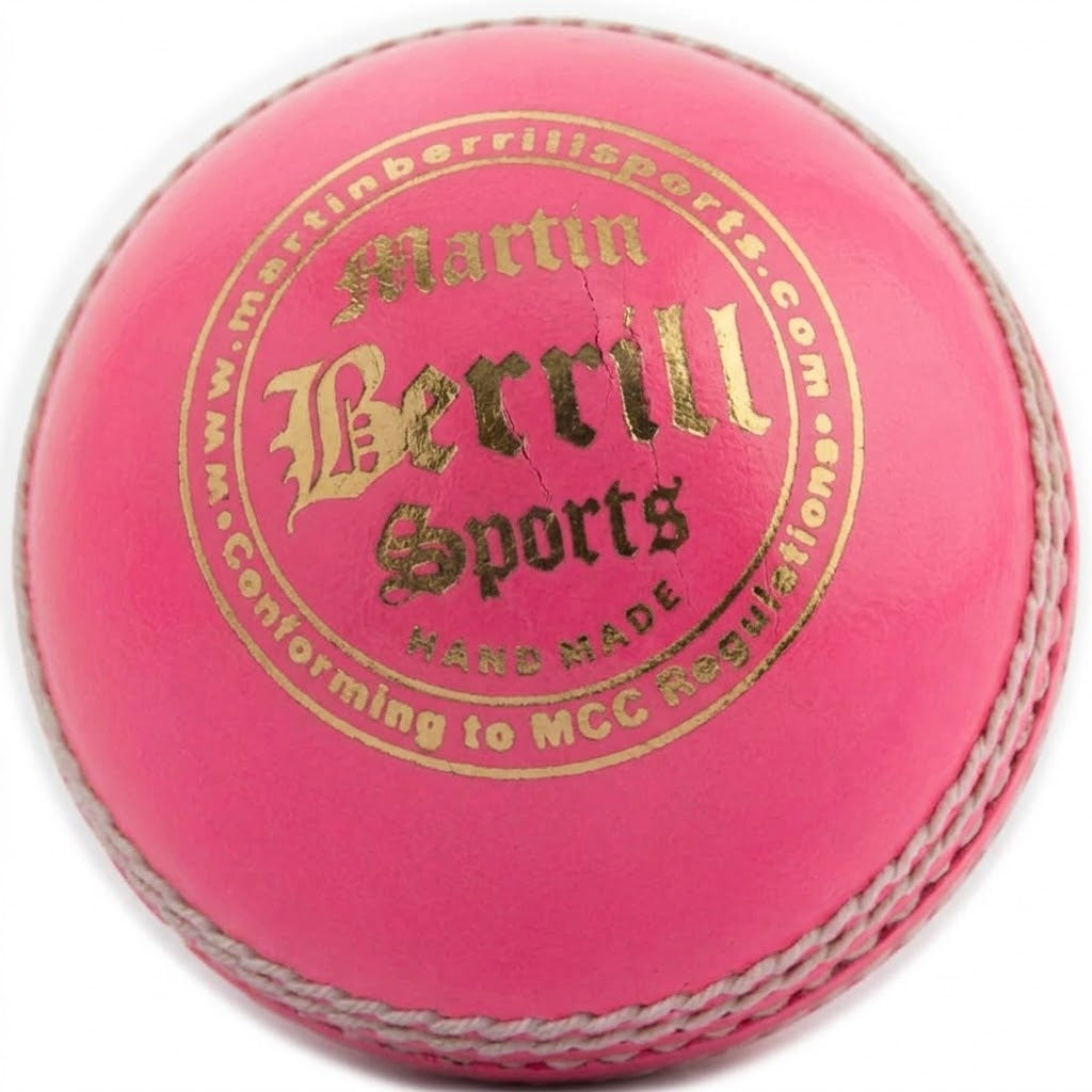 MBS Supreme Special Cricket Ball - Pink, a premium senior match cricket ball featuring gold lettering and white stitching.