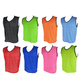 The Martin Berrill Sports Micro Mesh Training Vest (Set of 15) is shown with eight sleeveless bibs in black, green, orange, blue (top), and red, dark blue, pink, yellow-green (bottom).
