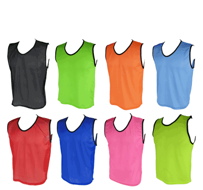 The Martin Berrill Sports Micro Mesh Training Vest (Set of 15) is shown with eight sleeveless bibs in black, green, orange, blue (top), and red, dark blue, pink, yellow-green (bottom).