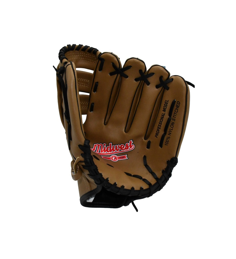 The Midwest Baseball Fielders Glove by Midwest is a brown synthetic leather left-handed glove with black laces and the red and white Midwest logo on the palm. The glove features "Professional Model" and "100% Nylon Stitched" text.