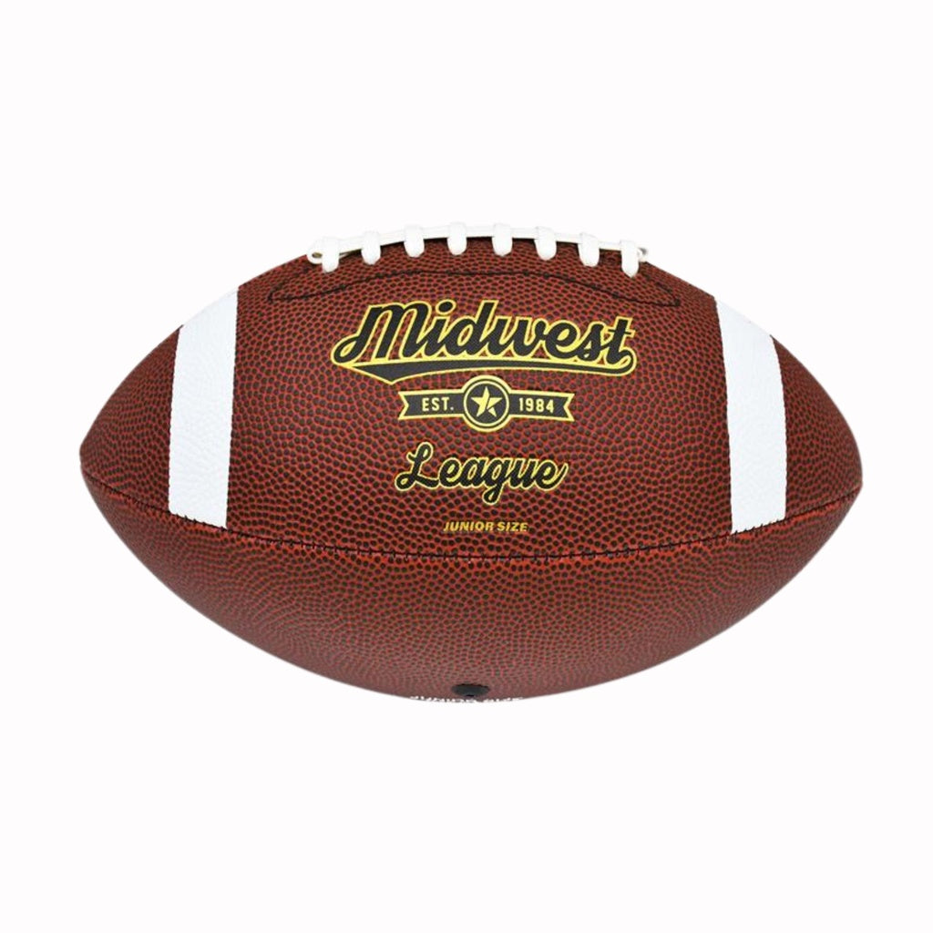 The Midwest League American Football by Midwest is a junior size, brown ball with white stripes and laces, "Midwest League Est. 1984" in yellow on the side, built for durability and shown against a plain white background.