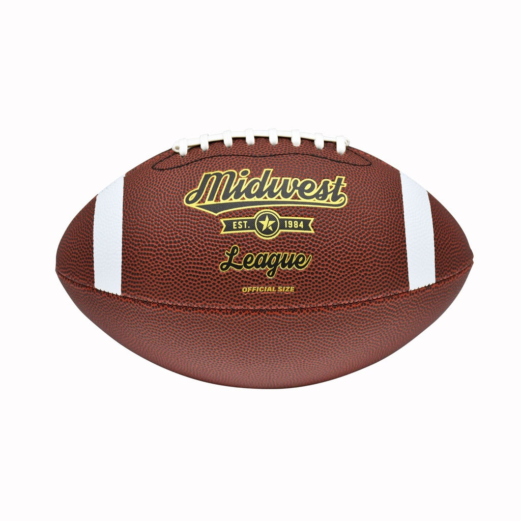 The Midwest League American Football by Midwest features enhanced grip, brown color, white end stripes, and "Midwest League Est. 1984 Official Size" in gold lettering on the front.