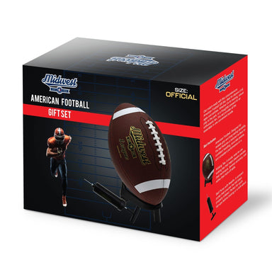 The Midwest League American Football Gift Set by Midwest includes an official-size football, pump, and kicking tee, all in a boxed set featuring dynamic player imagery and product details on a sleek black and red package.
