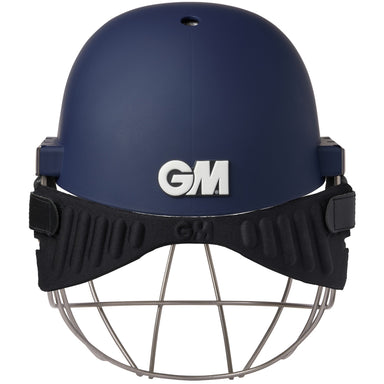 The Gunn & Moore Maestro Neck Protect by Gunn & Moore is a navy blue cricket helmet with a silver metal face guard, high-density EVA foam for comfort, and a white GM logo on the front, shown from the front on a white background.