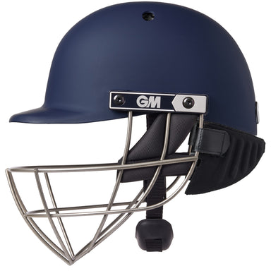 The Gunn & Moore Maestro Neck Protect is a dark blue cricket helmet with high-density EVA foam, metal face guard, padded black chin strap, helmet neck protection, and GM branding on the side.