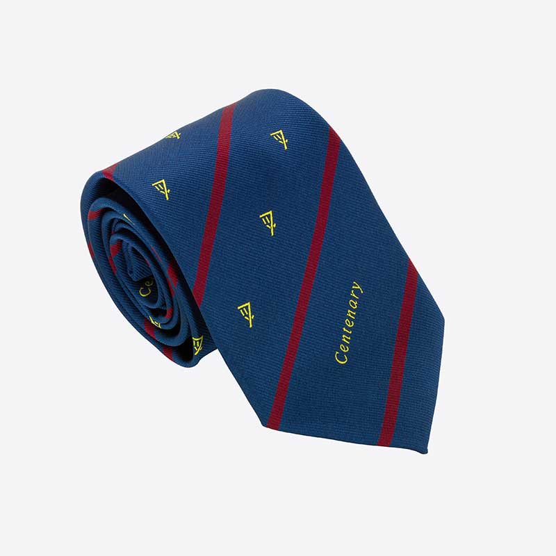 A Custom Club & School Tie by Martin Berrill Sports in blue, featuring diagonal red stripes, small yellow geometric symbols, and "Centenary" embroidered in yellow, is rolled and displayed on a plain white background.