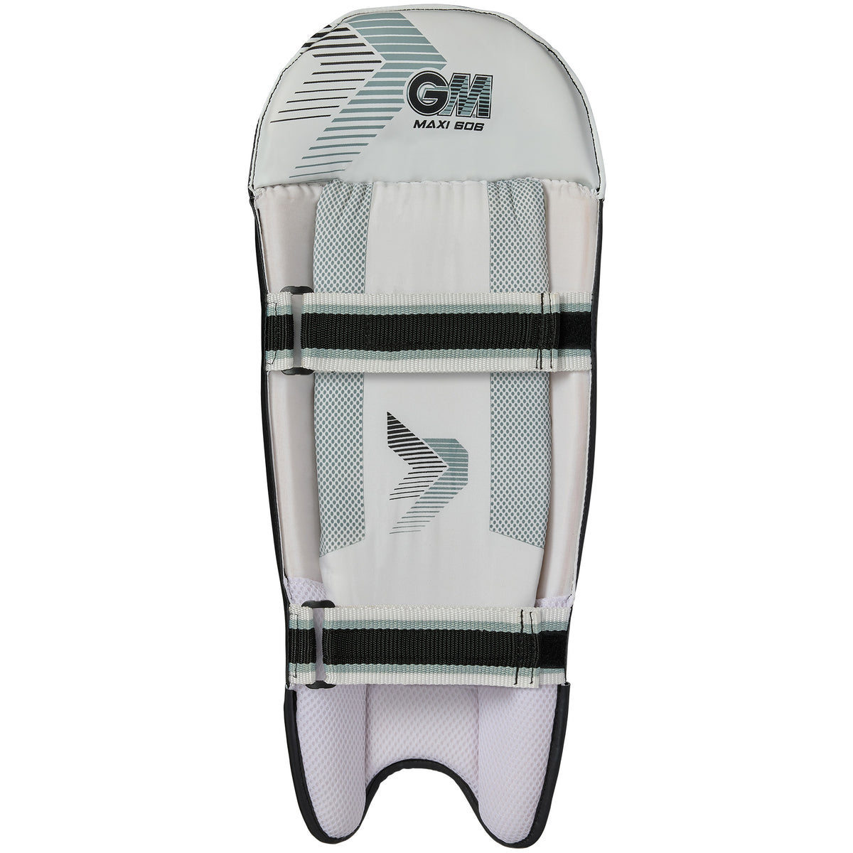 The Gunn & Moore Maxi 606 Wicket Keeping Pads 2026 are lightweight pads with black and grey accents, featuring the GM logo at the top and adjustable front straps for durable cricket protection.