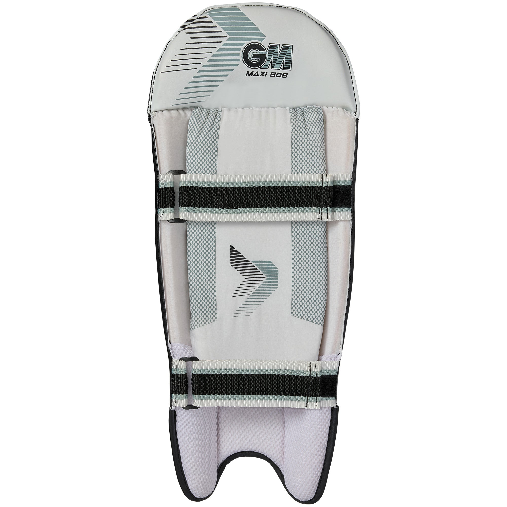 The Gunn & Moore Maxi 606 Wicket Keeping Pads 2026 are lightweight pads with black and grey accents, featuring the GM logo at the top and adjustable front straps for durable cricket protection.