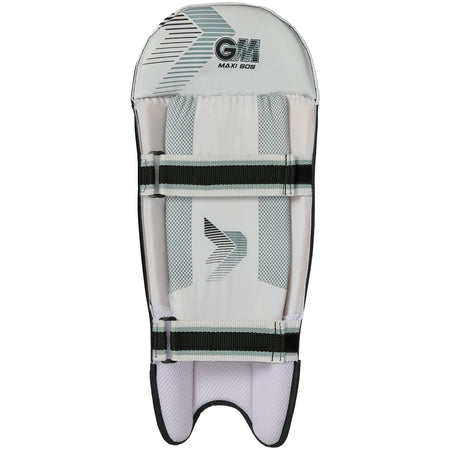 The Gunn & Moore Maxi 606 Wicket Keeping Pads 2026 are lightweight pads with black and grey accents, featuring the GM logo at the top and adjustable front straps for durable cricket protection.