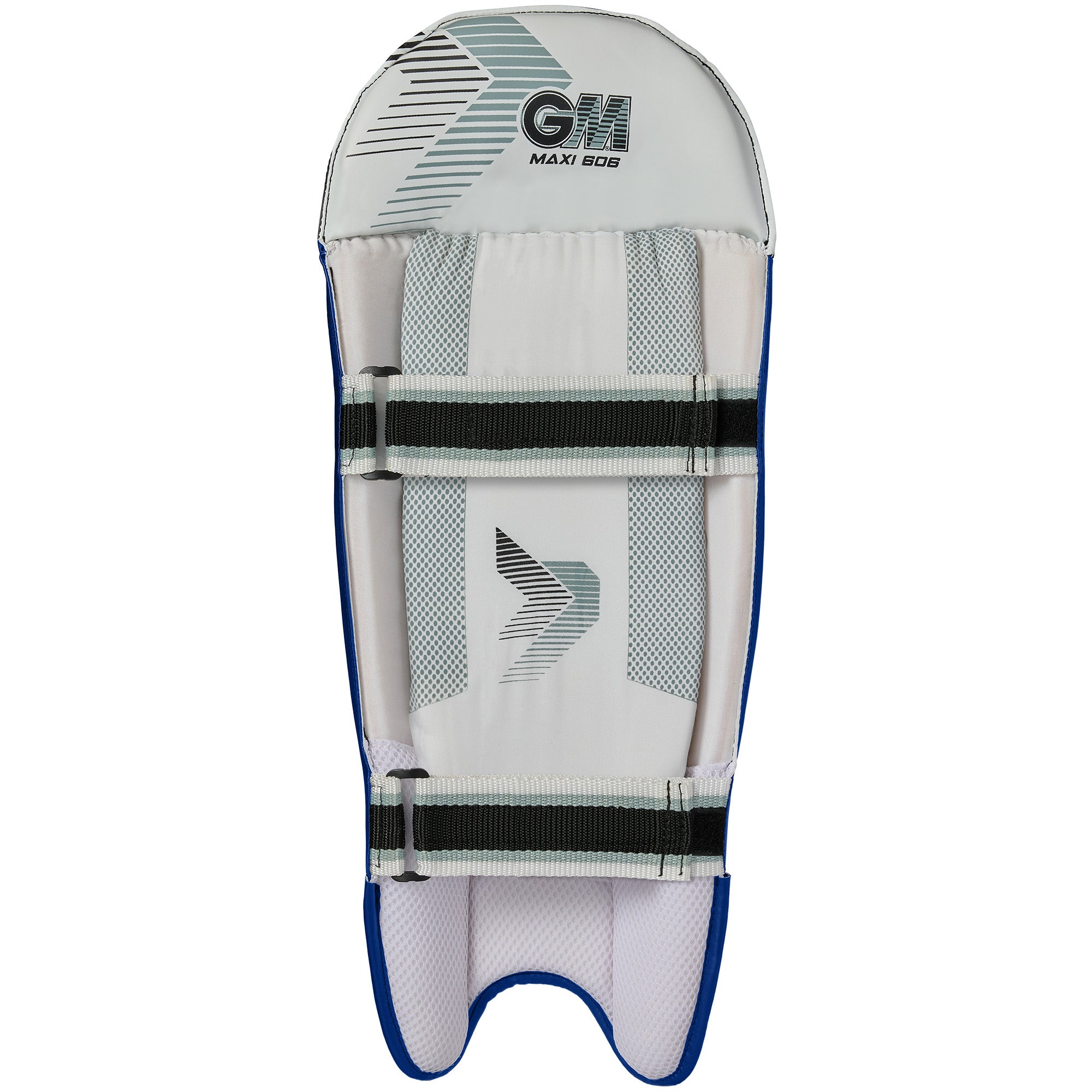 The Gunn & Moore Maxi 606 Wicket Keeping Pads 2026 are white and blue, with curved edges and adjustable black-and-white straps. Lightweight yet durable, these pads feature the GM logo and a geometric design for reliable cricket protection.