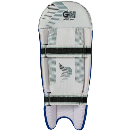 The Gunn & Moore Maxi 606 Wicket Keeping Pads 2026 are white and blue, with curved edges and adjustable black-and-white straps. Lightweight yet durable, these pads feature the GM logo and a geometric design for reliable cricket protection.