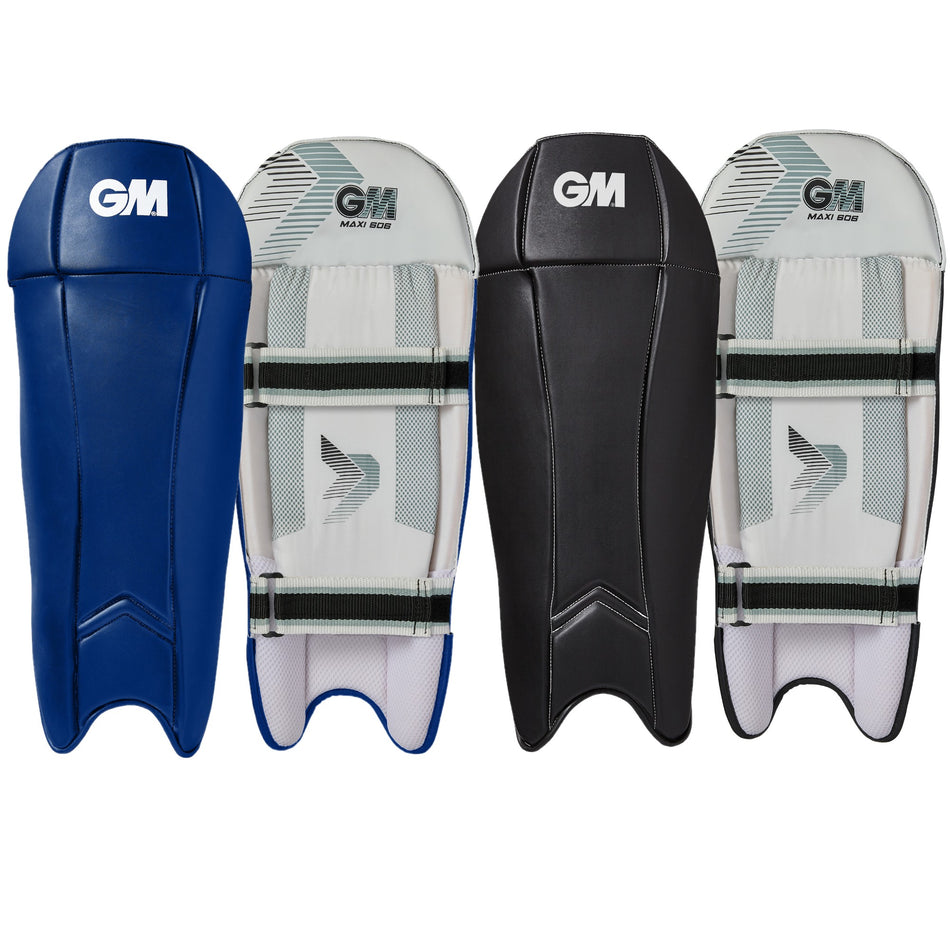Four Gunn & Moore Maxi 606 Wicket Keeping Pads 2026 are shown side by side: two facing forward (one blue, one black) with the GM logo, and two backward (white with straps and mesh), underscoring the brand's durable cricket protection.