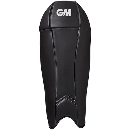 The Gunn & Moore Maxi 606 Wicket Keeping Pads 2026 are lightweight black pads with white stitching and the GM logo, featuring a curved design for comfort and durable protection—ideal for long innings.