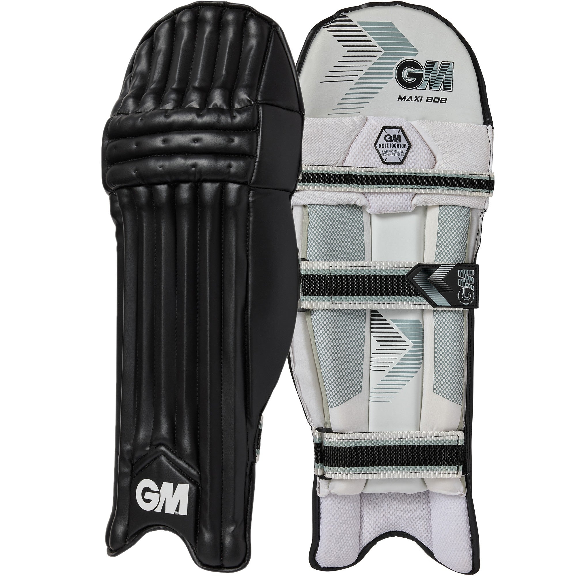 A pair of Gunn & Moore Maxi 606 Batting Pads 2026, featuring black fronts with branding, dual-layered knee protection, and white and gray inner straps and padding for enhanced comfort and safety.