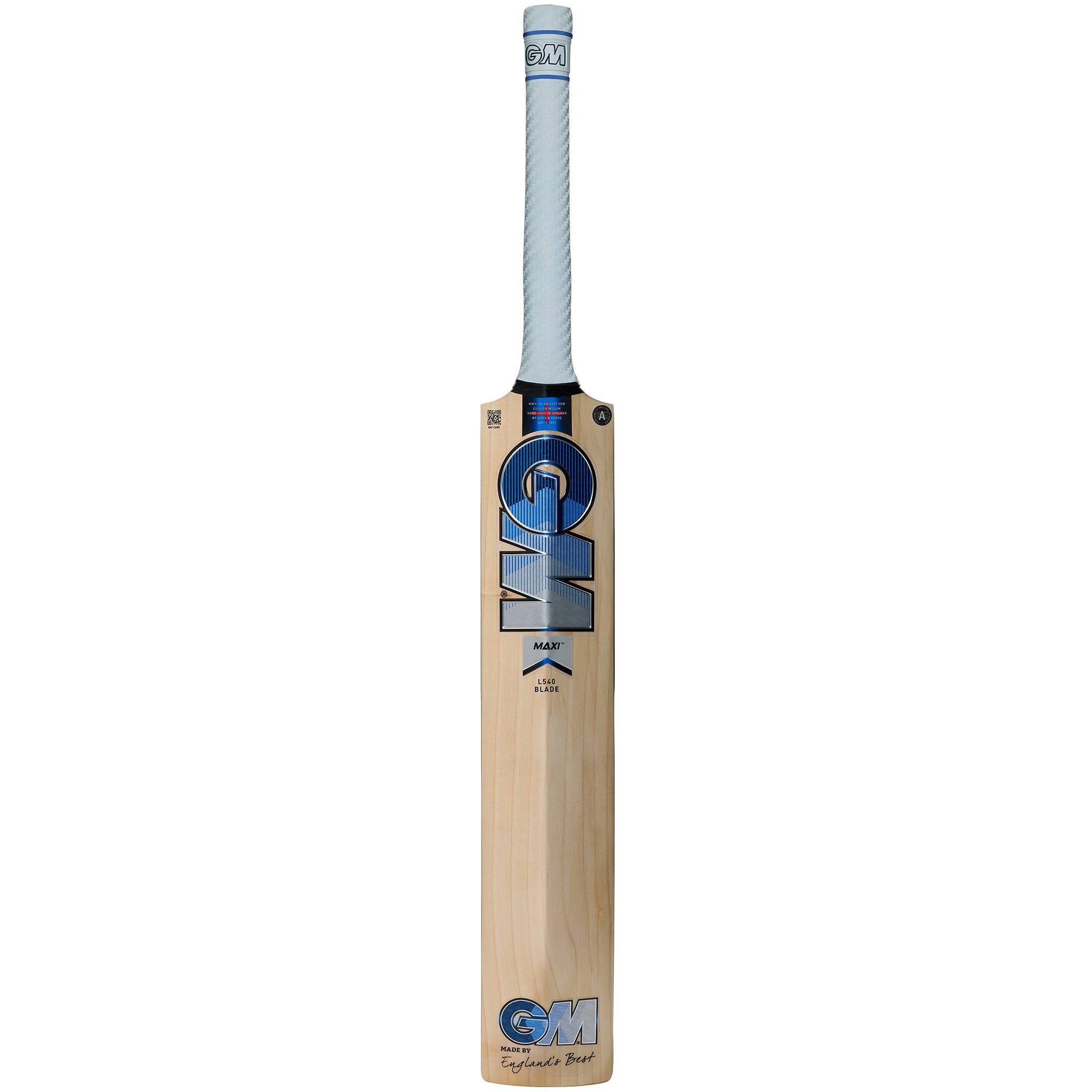 The Gunn & Moore Maxi DXM Senior Cricket Bat 2026 features a white handle and blue, black, and silver GM branding. Ideal for power hitters aiming for top performance in the 2026 cricket season.