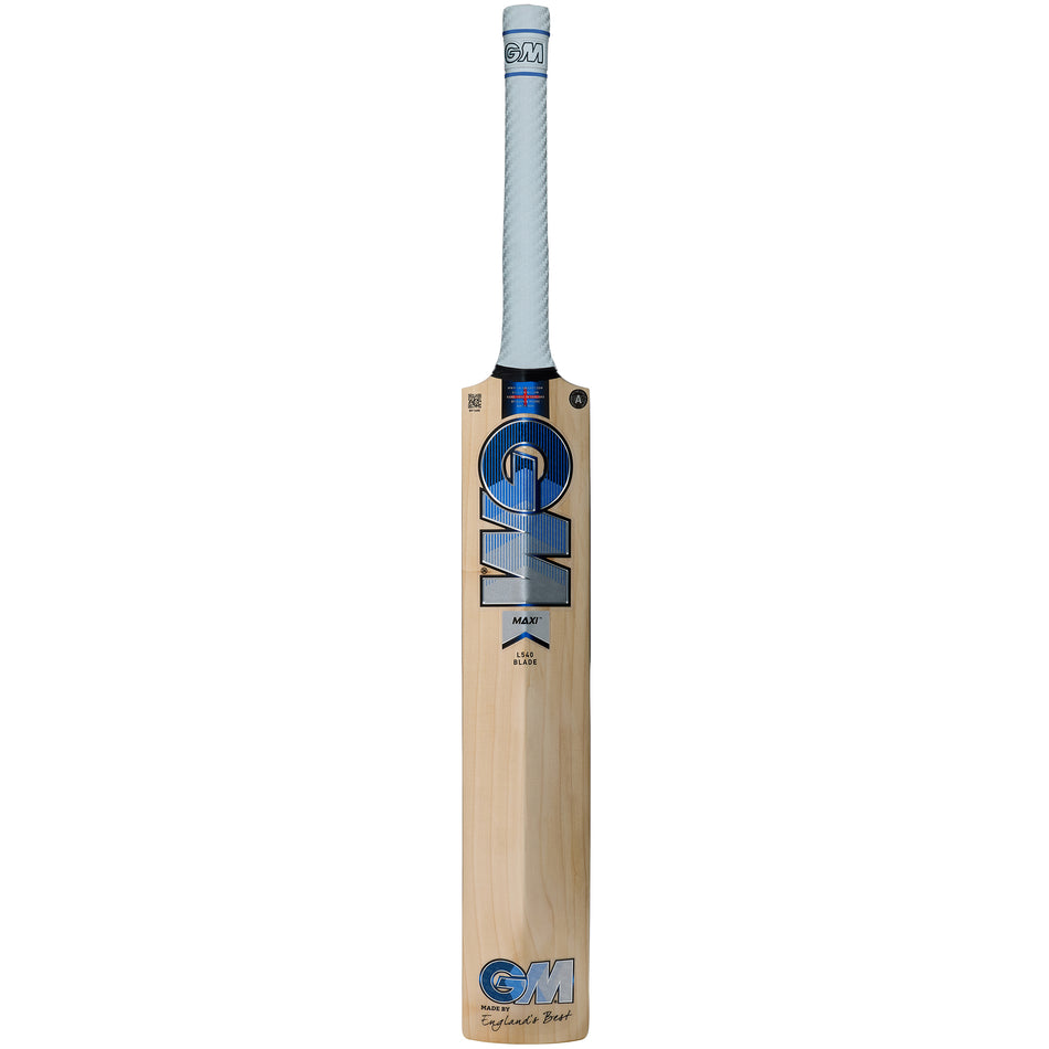 The Gunn & Moore Maxi DXM Senior Cricket Bat 2026 features a white handle and blue, black, and silver GM branding. Ideal for power hitters aiming for top performance in the 2026 cricket season.