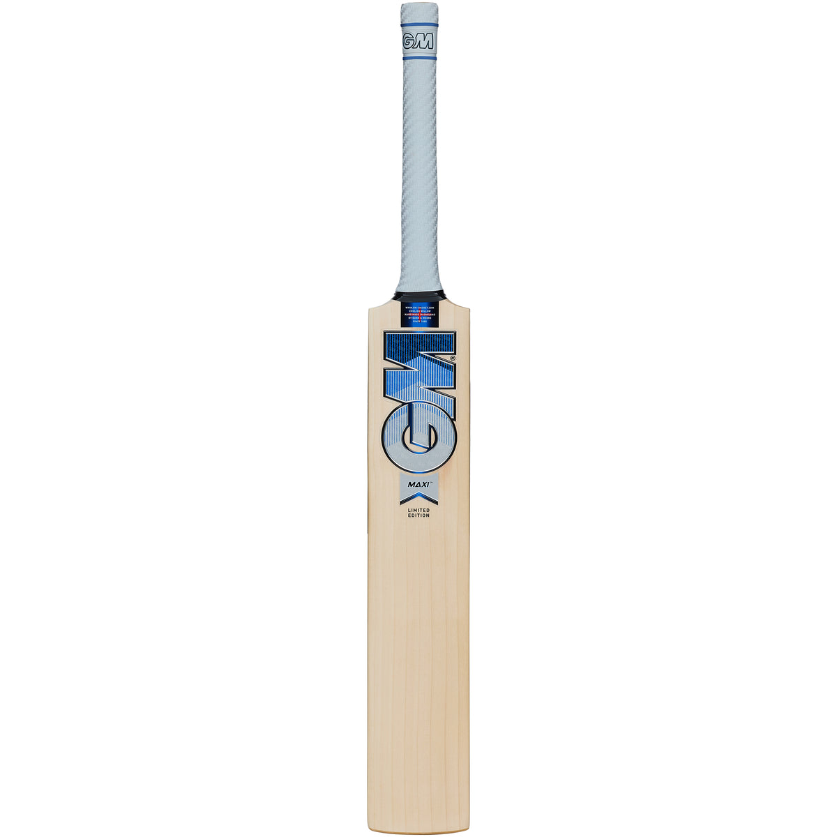 The Gunn & Moore Maxi DXM Senior Cricket Bat 2026 features a light wooden blade, grey handle, and blue-silver GM logo—perfect for power hitters seeking top performance and standout style on the field.