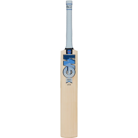 The Gunn & Moore Maxi DXM Senior Cricket Bat 2026 features a light wooden blade, grey handle, and blue-silver GM logo—perfect for power hitters seeking top performance and standout style on the field.