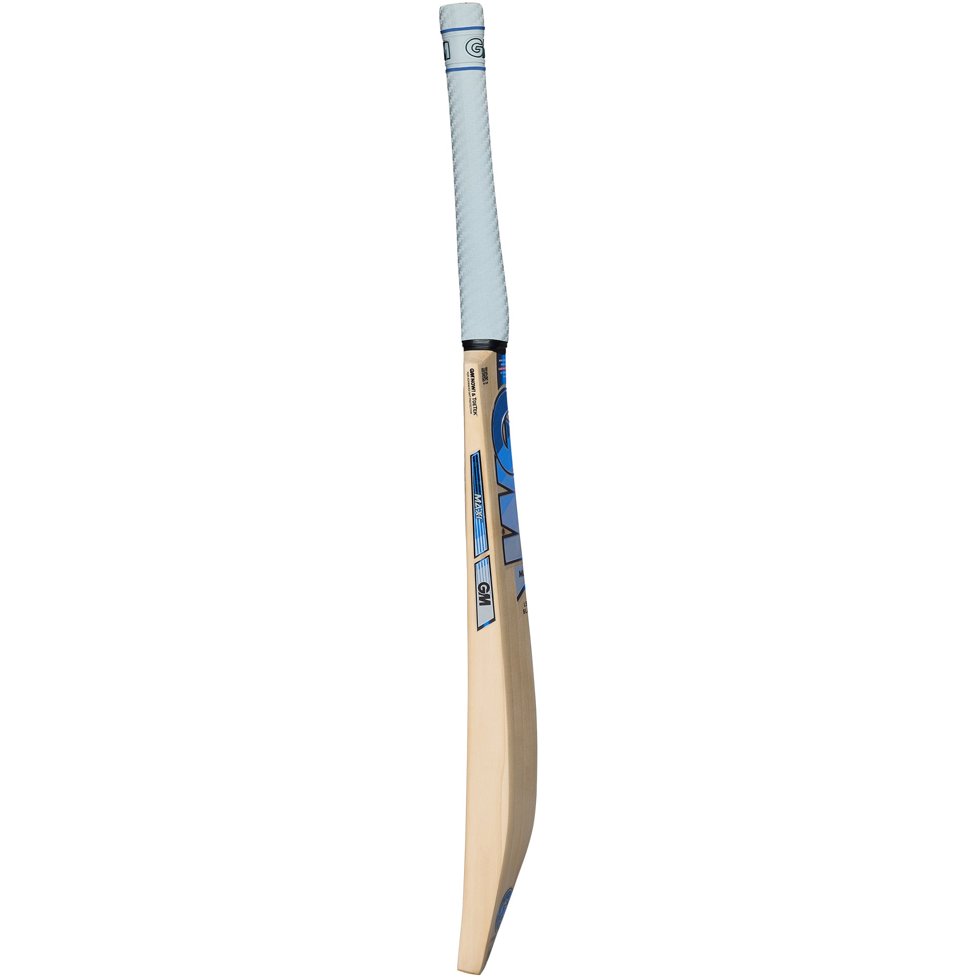 The Gunn & Moore Maxi DXM Senior Cricket Bat 2026 features a white and blue handle grip with bold blue and black blade accents—perfect for power hitters.