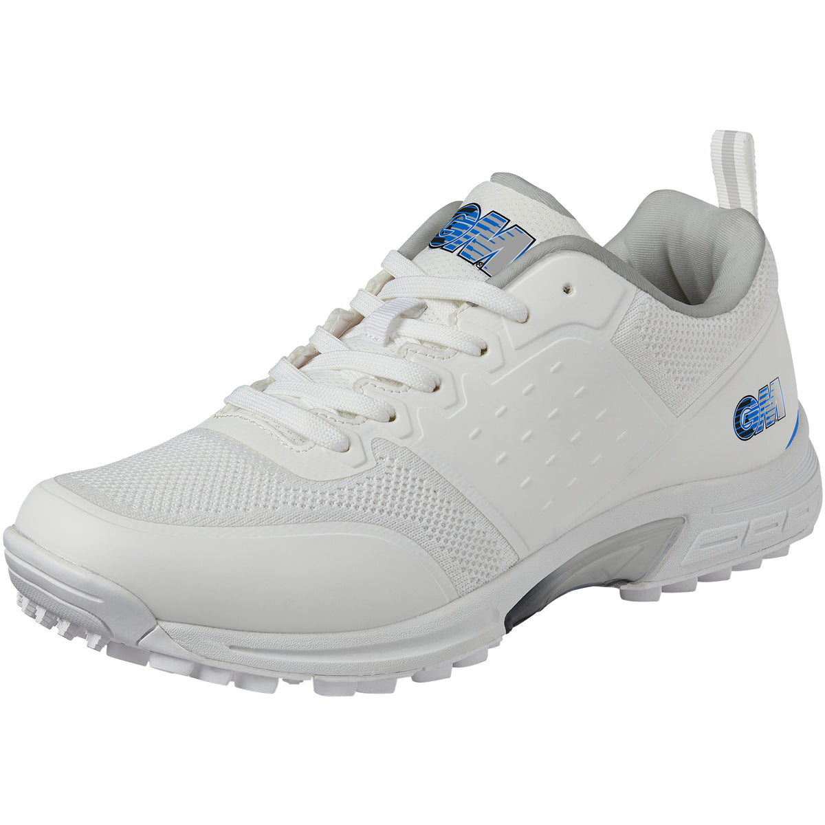 The Gunn & Moore Maxi Allrounder Cricket Shoe by Gunn & Moore features a breathable white mesh upper, textured sole, and blue accents on the heel and tongue—shown at an angle, it's perfect as a lightweight, versatile cricket shoe.