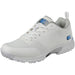 The Gunn & Moore Maxi Allrounder Cricket Shoe by Gunn & Moore features a breathable white mesh upper, textured sole, and blue accents on the heel and tongue—shown at an angle, it's perfect as a lightweight, versatile cricket shoe.