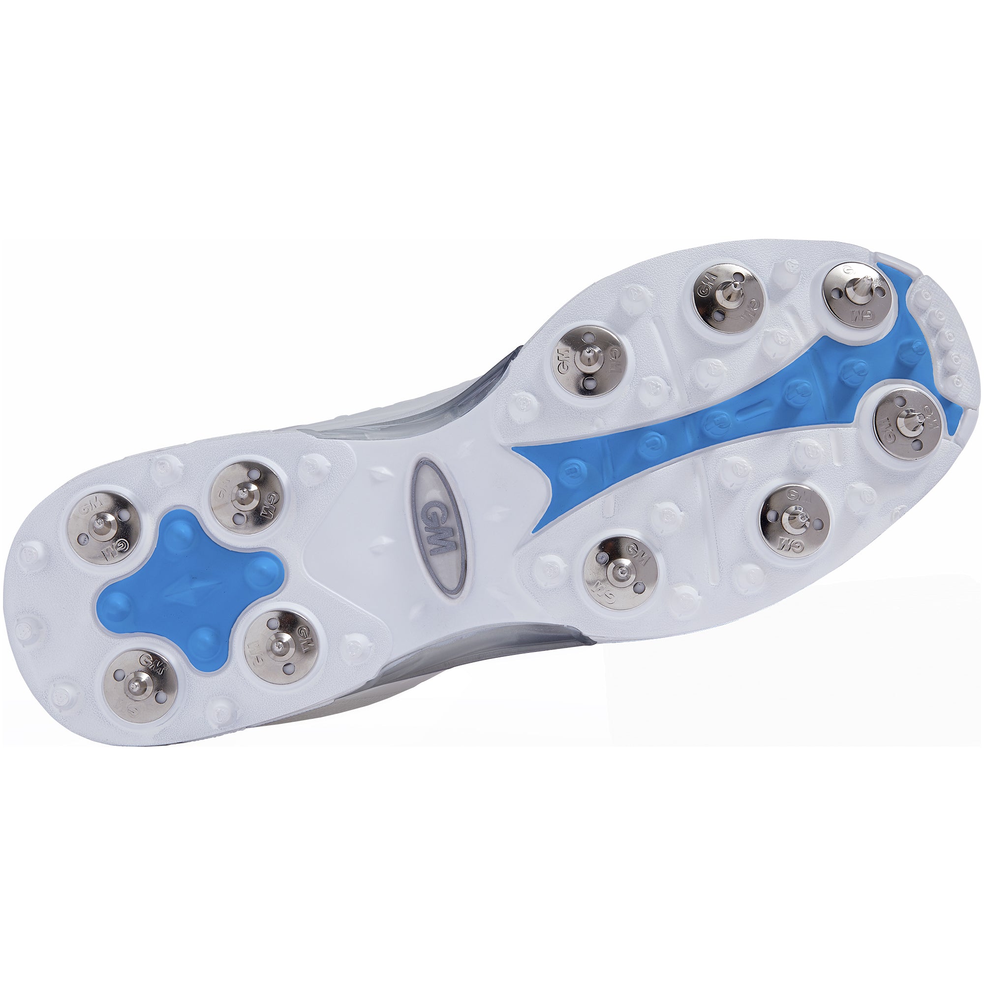The image displays the white and blue sole of the Gunn & Moore Maxi Cricket Spikes by Gunn & Moore, featuring twelve steel spikes arranged precisely, blue accents, and a central GM logo—perfect for cricket or golf use.