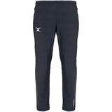 The Gilbert Synergie V3 Junior Trousers in black feature a white logo on the left thigh and small white text on the lower right leg, ideal for active days or as durable school uniform trousers. Shown against a white background.