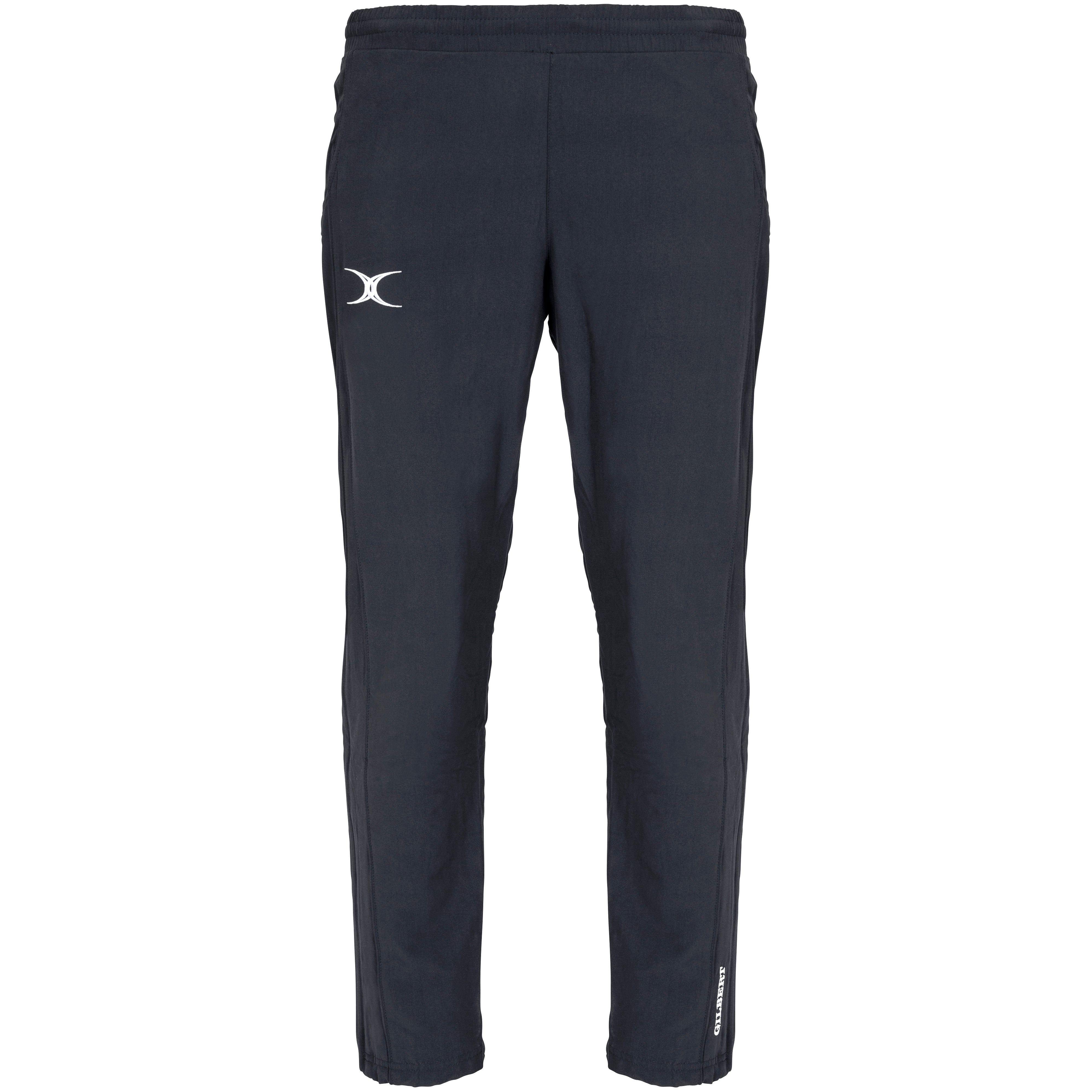The Gilbert Synergie V3 Junior Trousers in black feature a white logo on the left thigh and small white text on the lower right leg, ideal for active days or as durable school uniform trousers. Shown against a white background.